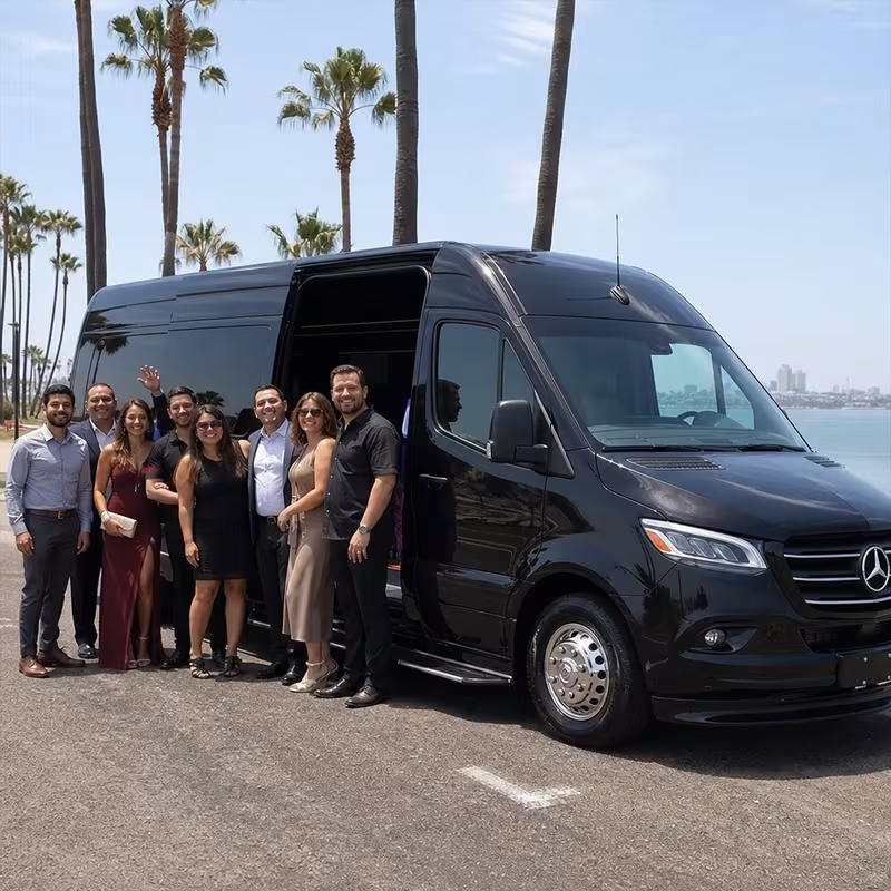 Group beside a Mercedes Sprinter limo from the Long Beach fleet
