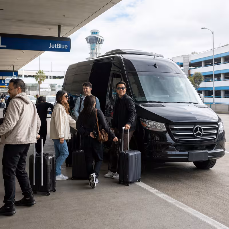 Group boarding a white charter bus for Airport Transportation transportation in Long Beach