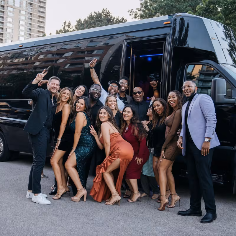 Party bus interior with wraparound leather seating and LED lighting in Long Beach