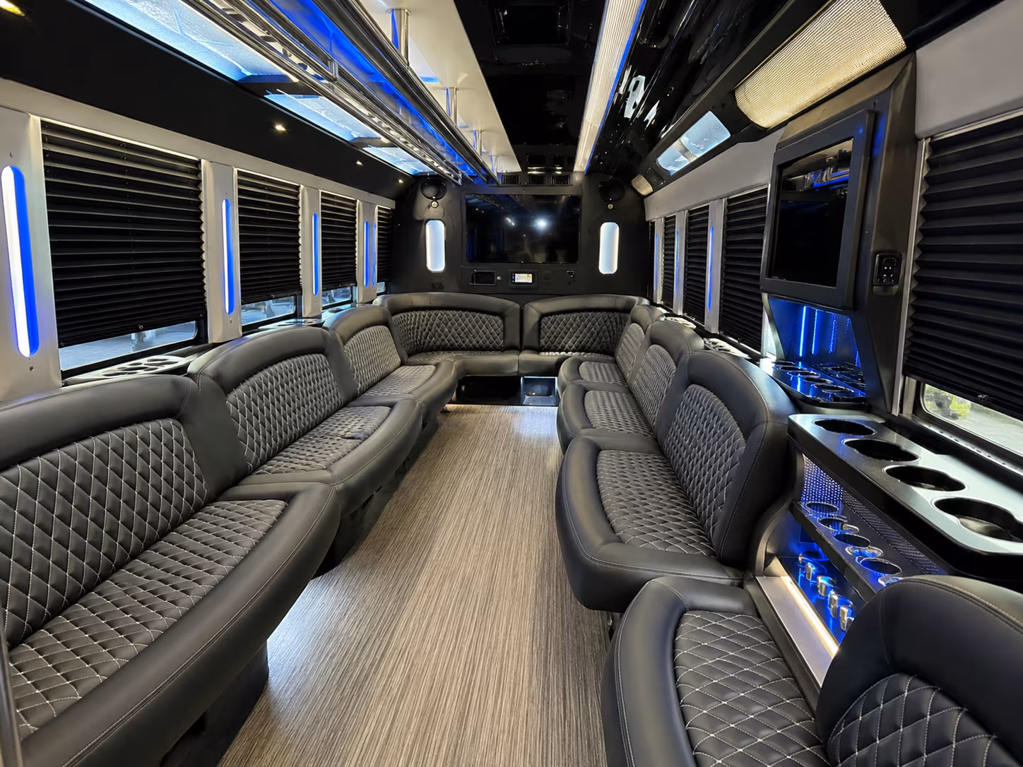 Interior of a party bus rental serving Long Beach
