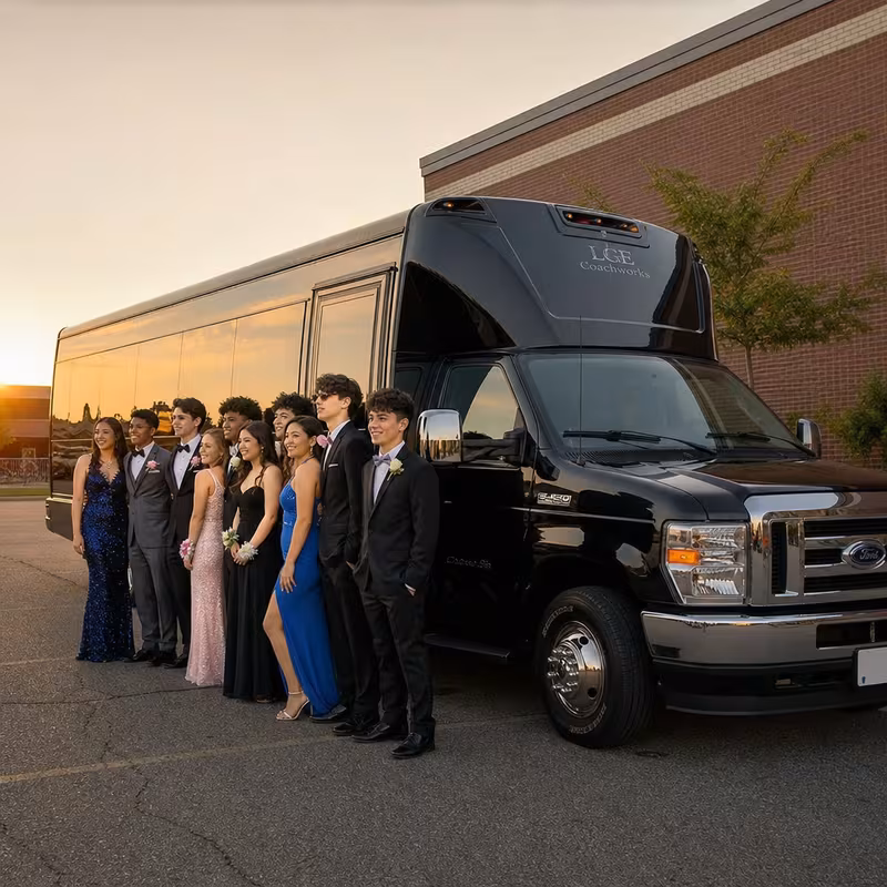 Group boarding a white charter bus for Prom & Homecoming Transportation transportation in Long Beach