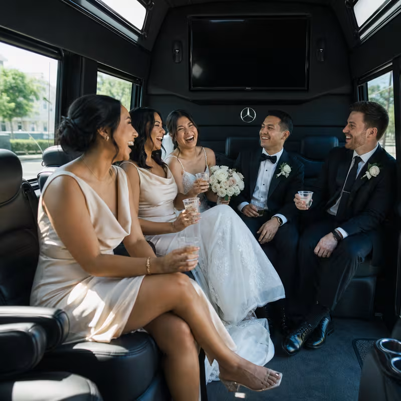Black Mercedes Sprinter van staged for a Long Beach Wedding Transportation group